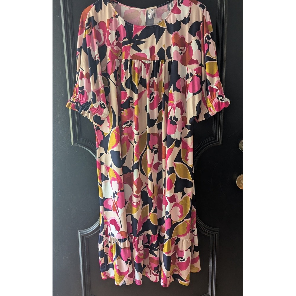 London Times Floral Print Midi Shift Dress Ruffle‎ Hem Short Sleeved Women's 3X